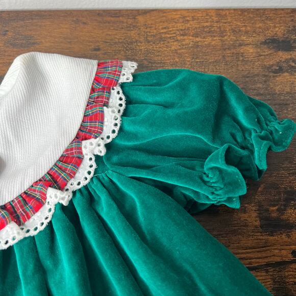 Vintage Baby Dress Nutcracker Green Velvet Christmas Size 12 Months Plaid Trim - Picture 4 of 9